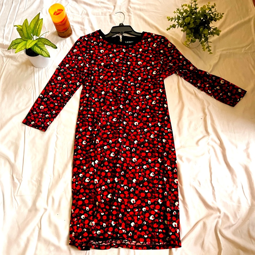 Long Sleeve Floral Red, White And Black Dress
